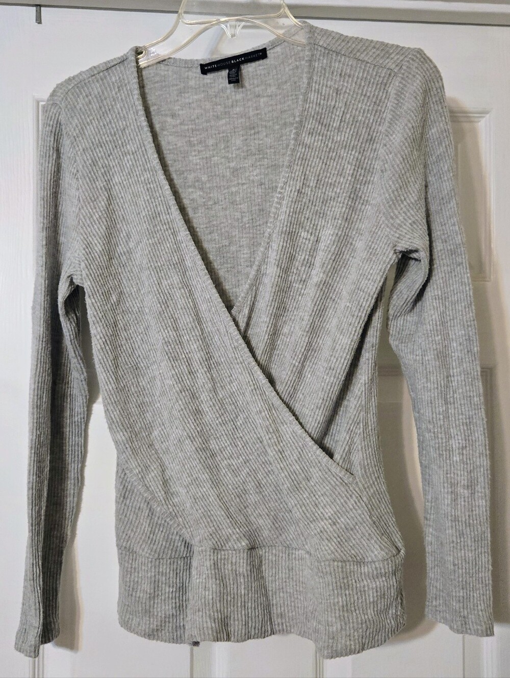 White House Black Market gray ribbed wrap sweater